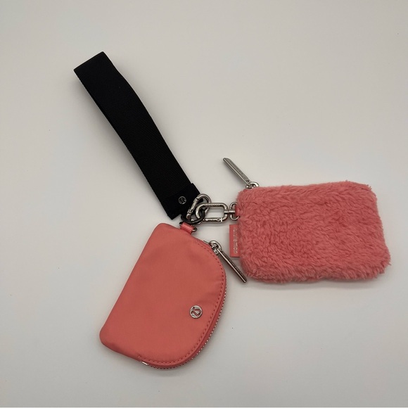 lululemon athletica Handbags - Lululemon Dual Pouch Wristlet Pink Plush Tide Fuzzy Keychain Zippered Pouches